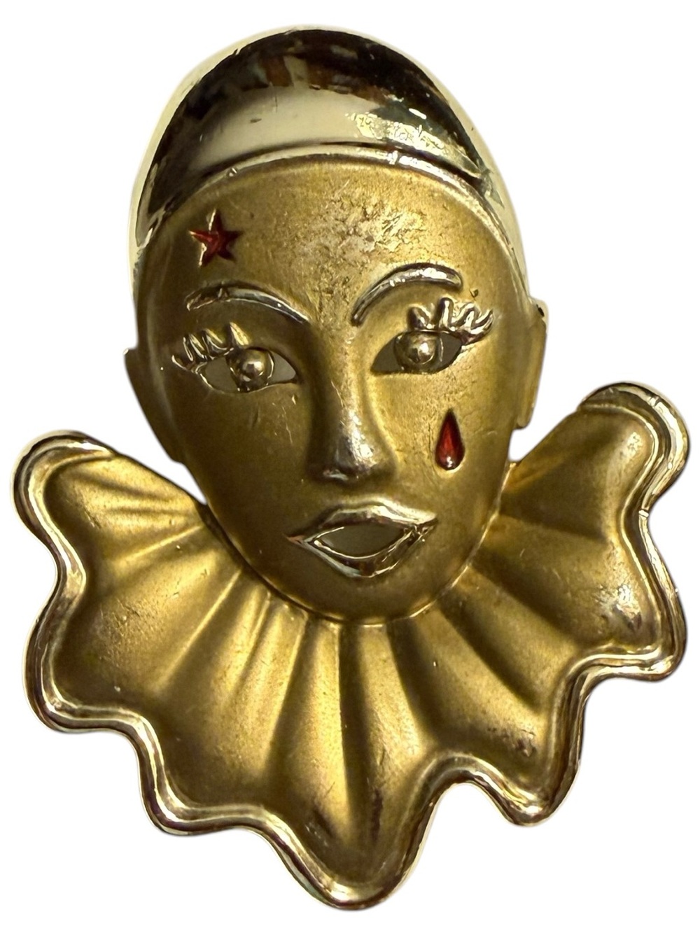 Vintage Harlequin Clown Face Brooch Gold Tone Enamel Pierrot Mask Statement Pin